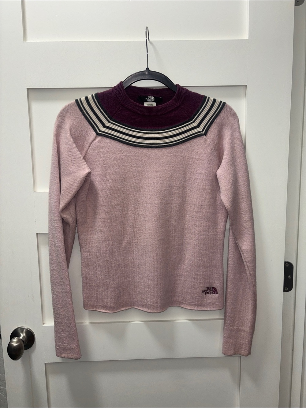 100% Wool The North Face Women's Pink Sweater with Burgundy and Black Striped